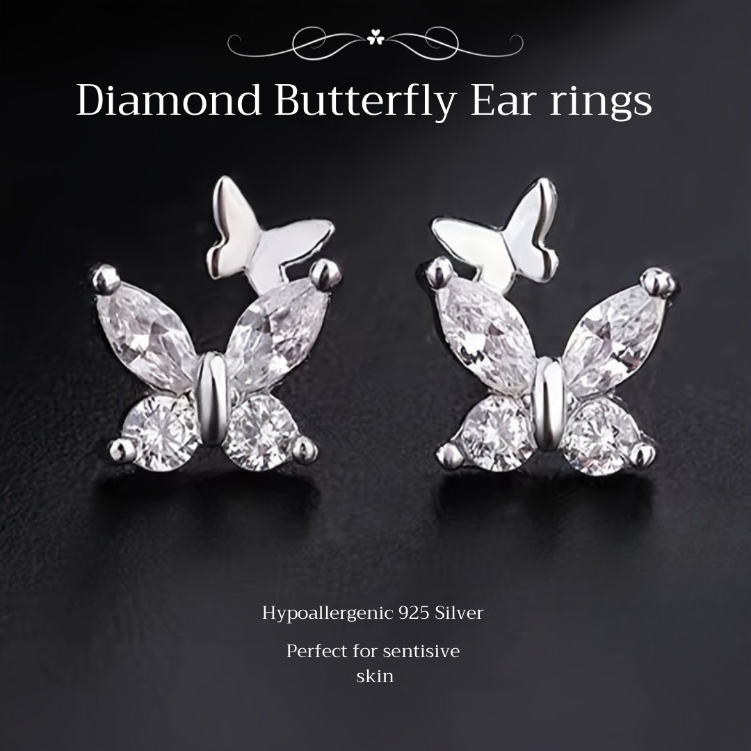 Diamond Butterfly Ear rings - Hypoallergic 925 Silver